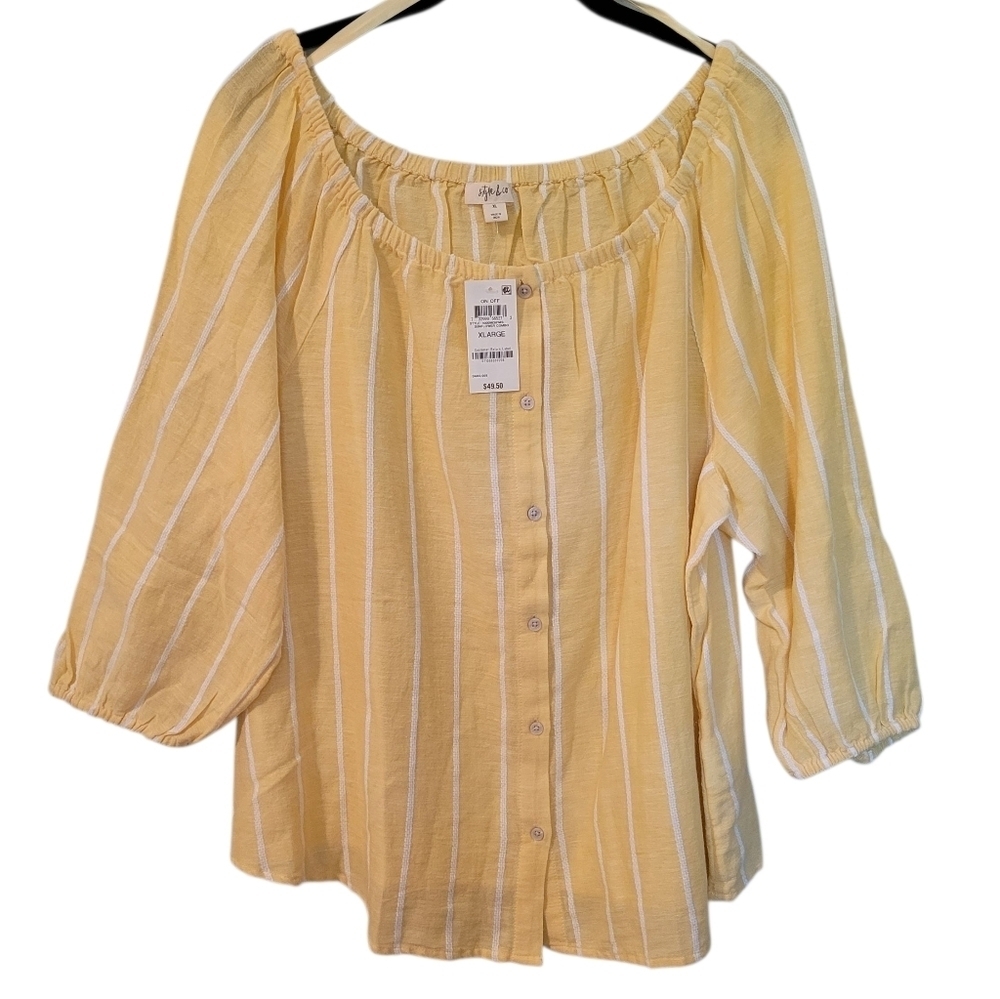 Style&Co Sunflower Yellow White Striped On Off Shoulder Button-up Blouse Top XL